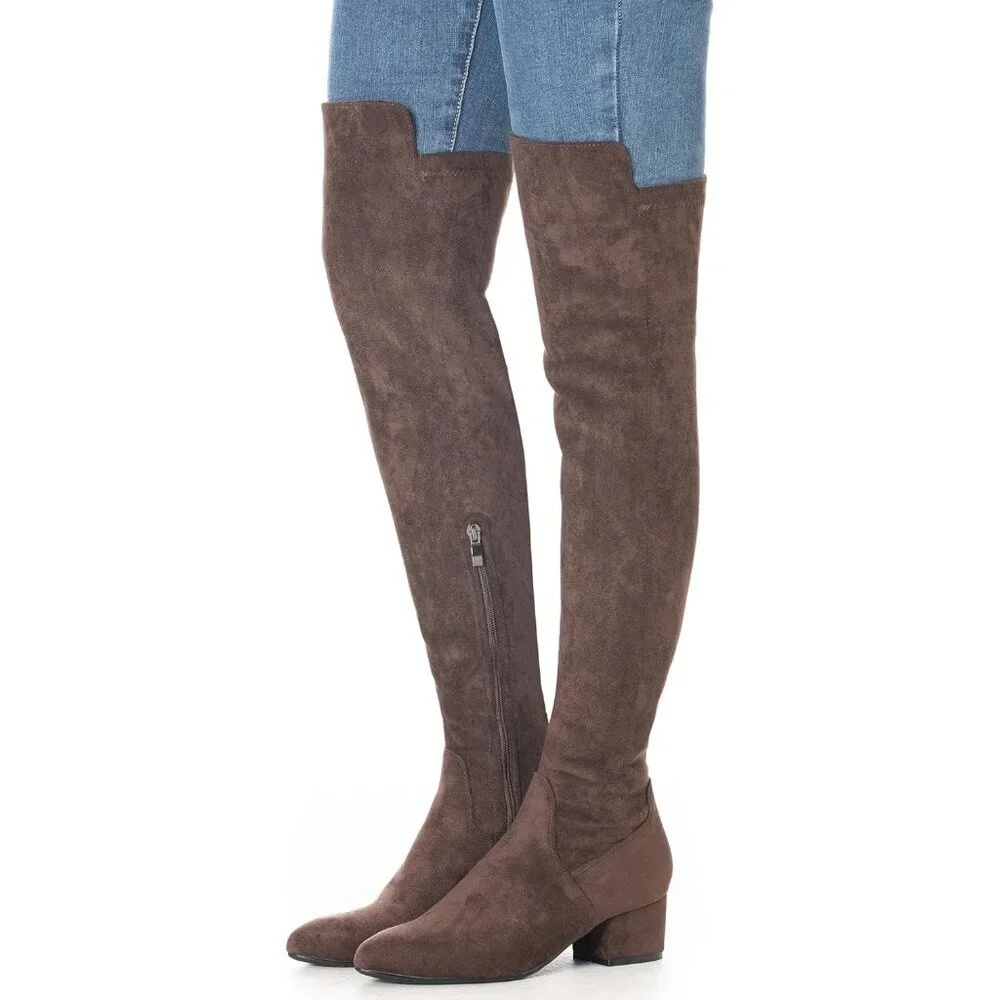 Women Coffee/2 Inch Heel Faux Suede Over The Knee Thigh High Low Block Heel Boot